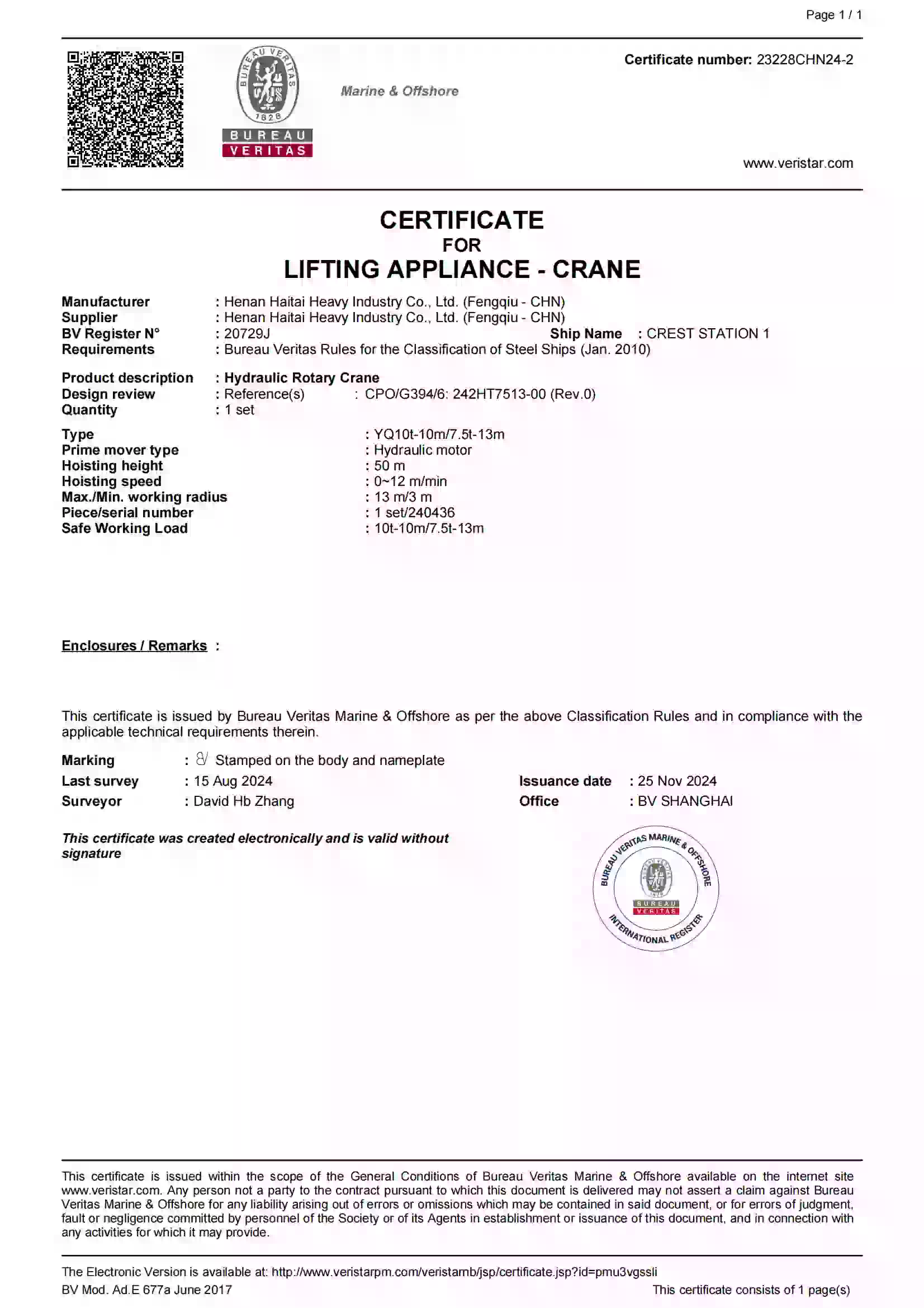 Hydraulic crane SWL 3.2T certification