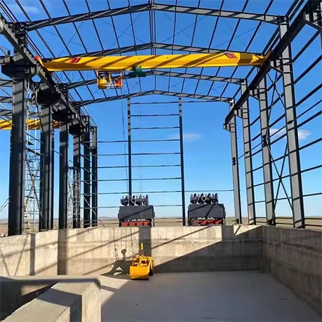Electric Single Girder Overhead Crane lifting loads in warehouse