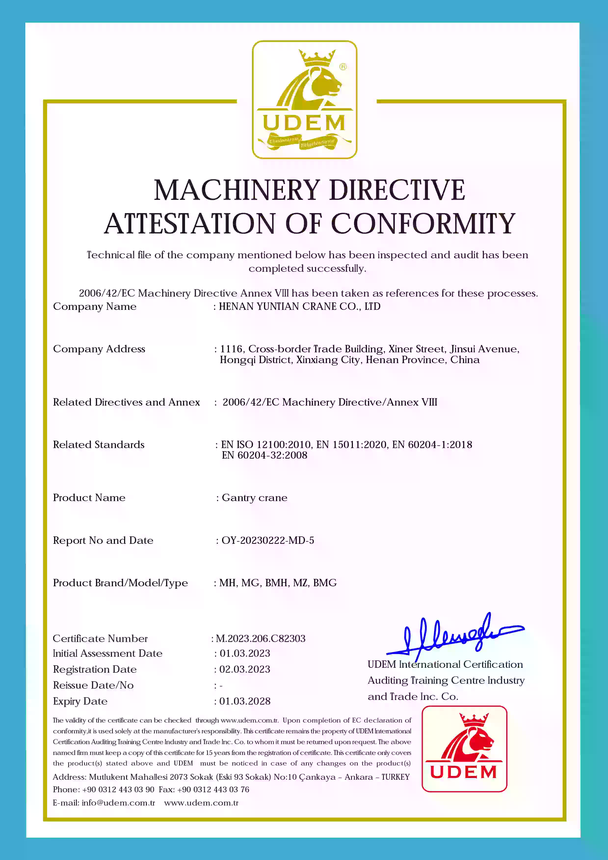 CE-Compliant Gantry Crane Certification - EN 60204-1 Electrical Safety Standard